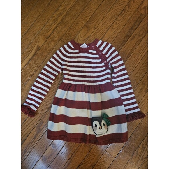Cynthia Rowley Girls Sweater Dress Size 4T Red White Striped Penguin Christmas - Picture 1 of 4